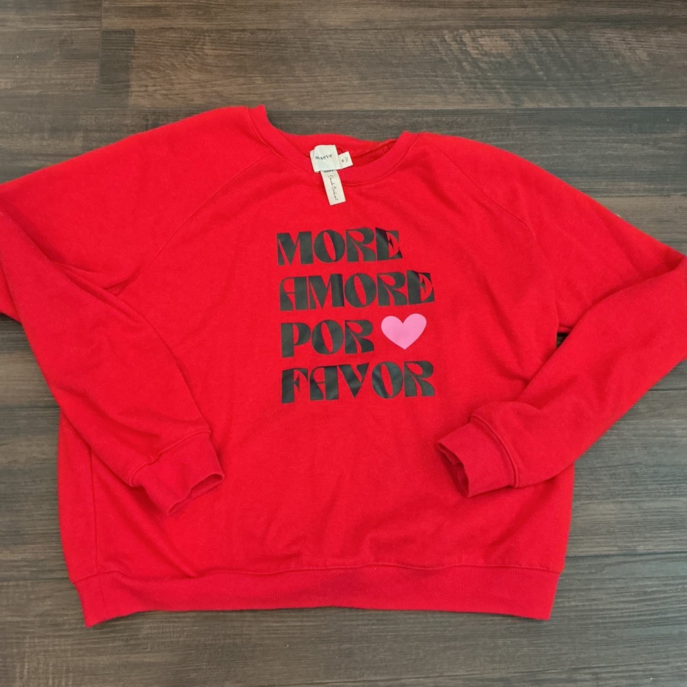 Maeve Anthropologie More Amore Por Favor Sweatshirt Red Graphic Heart Medium